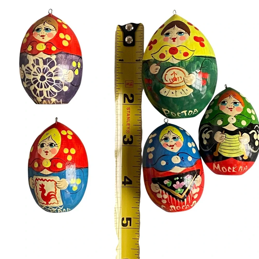 Vintage Russian‎ Matryoshka Hand Painted Wood Egg Ornaments 5 Moscow Rostov